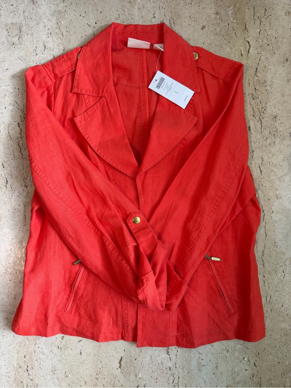 Chico’s Open Moto 100% Linen Jacket Size 1- Medium Prometheus Orange